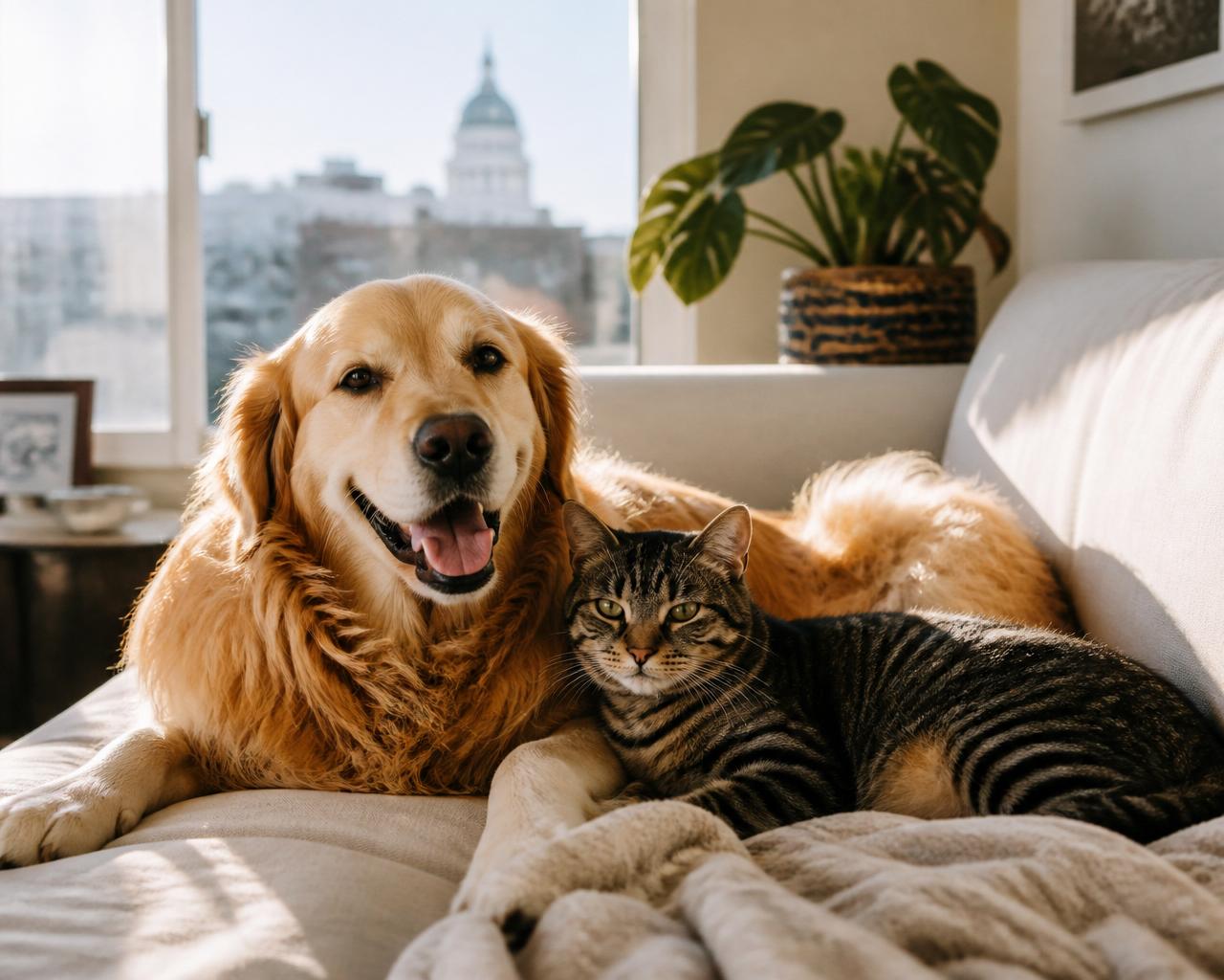 A golden retriever and tabby cat resting together on a cream couch
